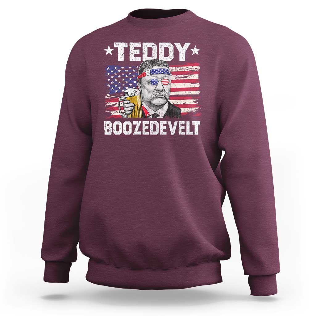 Funny Theodore Roosevelt 4th Of July Sweatshirt Teddy Boozedevelt Drinking American Flag - Wonder Print Shop
