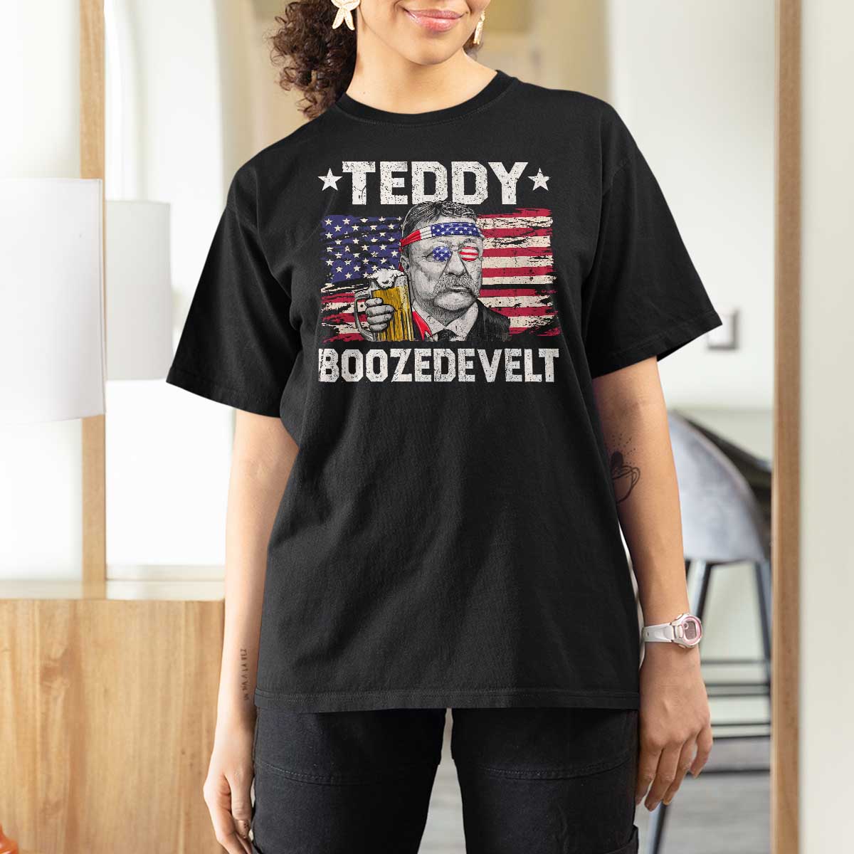 Funny Theodore Roosevelt 4th Of July T Shirt For Women Teddy Boozedevelt Drinking American Flag - Wonder Print Shop