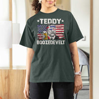 Funny Theodore Roosevelt 4th Of July T Shirt For Women Teddy Boozedevelt Drinking American Flag - Wonder Print Shop