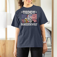 Funny Theodore Roosevelt 4th Of July T Shirt For Women Teddy Boozedevelt Drinking American Flag - Wonder Print Shop