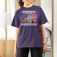 Funny Theodore Roosevelt 4th Of July T Shirt For Women Teddy Boozedevelt Drinking American Flag - Wonder Print Shop