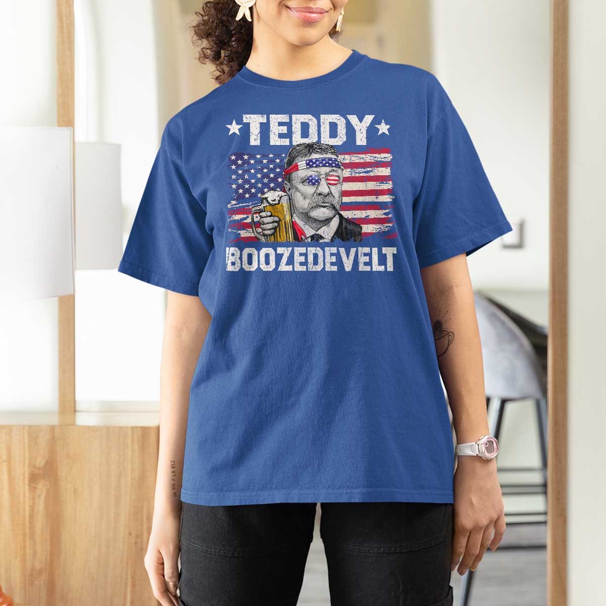 Funny Theodore Roosevelt 4th Of July T Shirt For Women Teddy Boozedevelt Drinking American Flag - Wonder Print Shop