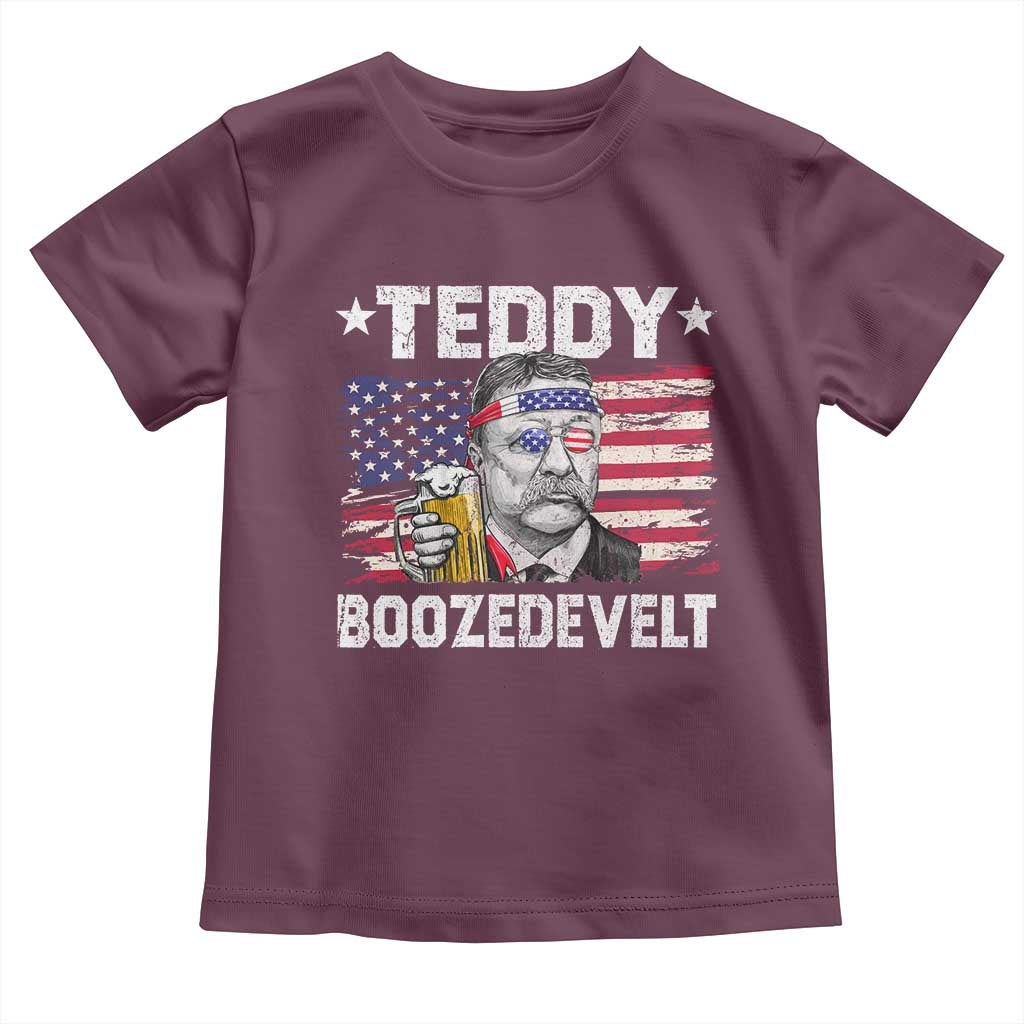 Funny Theodore Roosevelt 4th Of July Toddler T Shirt Teddy Boozedevelt Drinking American Flag - Wonder Print Shop