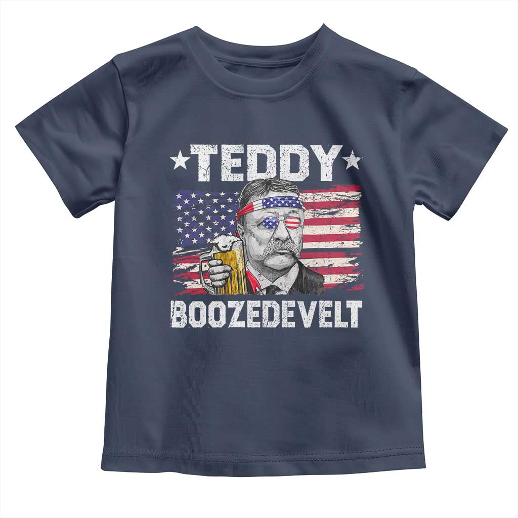 Funny Theodore Roosevelt 4th Of July Toddler T Shirt Teddy Boozedevelt Drinking American Flag - Wonder Print Shop