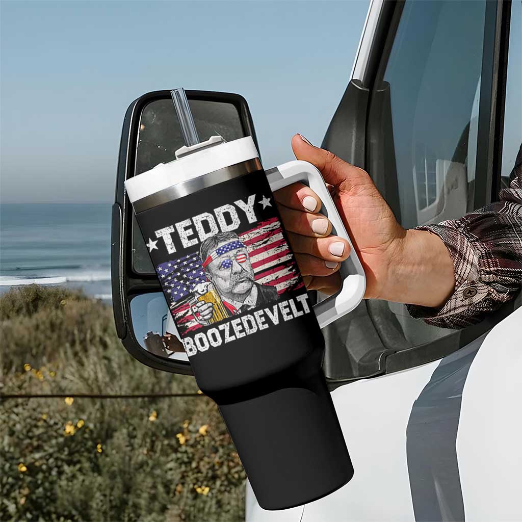 Funny Theodore Roosevelt 4th Of July Tumbler With Handle Teddy Boozedevelt Drinking American Flag - Wonder Print Shop