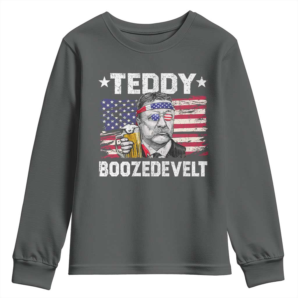 Funny Theodore Roosevelt 4th Of July Youth Sweatshirt Teddy Boozedevelt Drinking American Flag - Wonder Print Shop