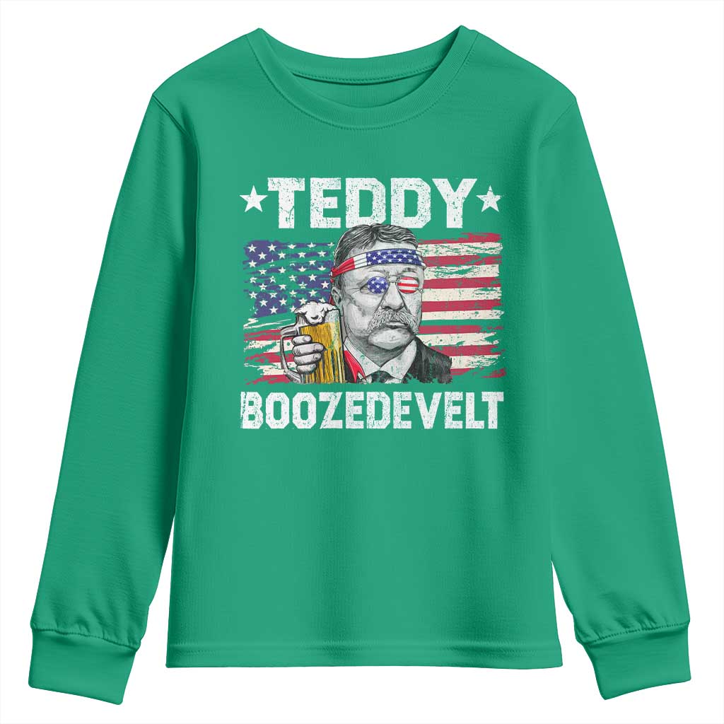 Funny Theodore Roosevelt 4th Of July Youth Sweatshirt Teddy Boozedevelt Drinking American Flag - Wonder Print Shop