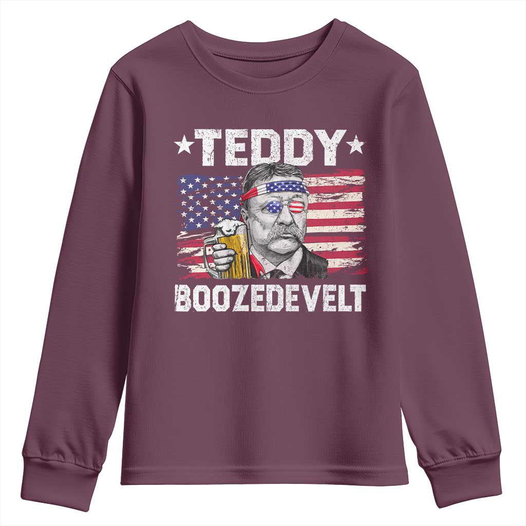Funny Theodore Roosevelt 4th Of July Youth Sweatshirt Teddy Boozedevelt Drinking American Flag - Wonder Print Shop