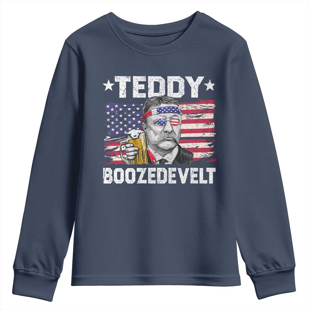 Funny Theodore Roosevelt 4th Of July Youth Sweatshirt Teddy Boozedevelt Drinking American Flag - Wonder Print Shop