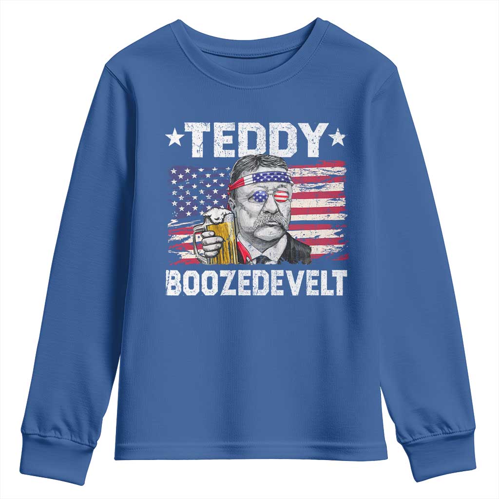 Funny Theodore Roosevelt 4th Of July Youth Sweatshirt Teddy Boozedevelt Drinking American Flag - Wonder Print Shop