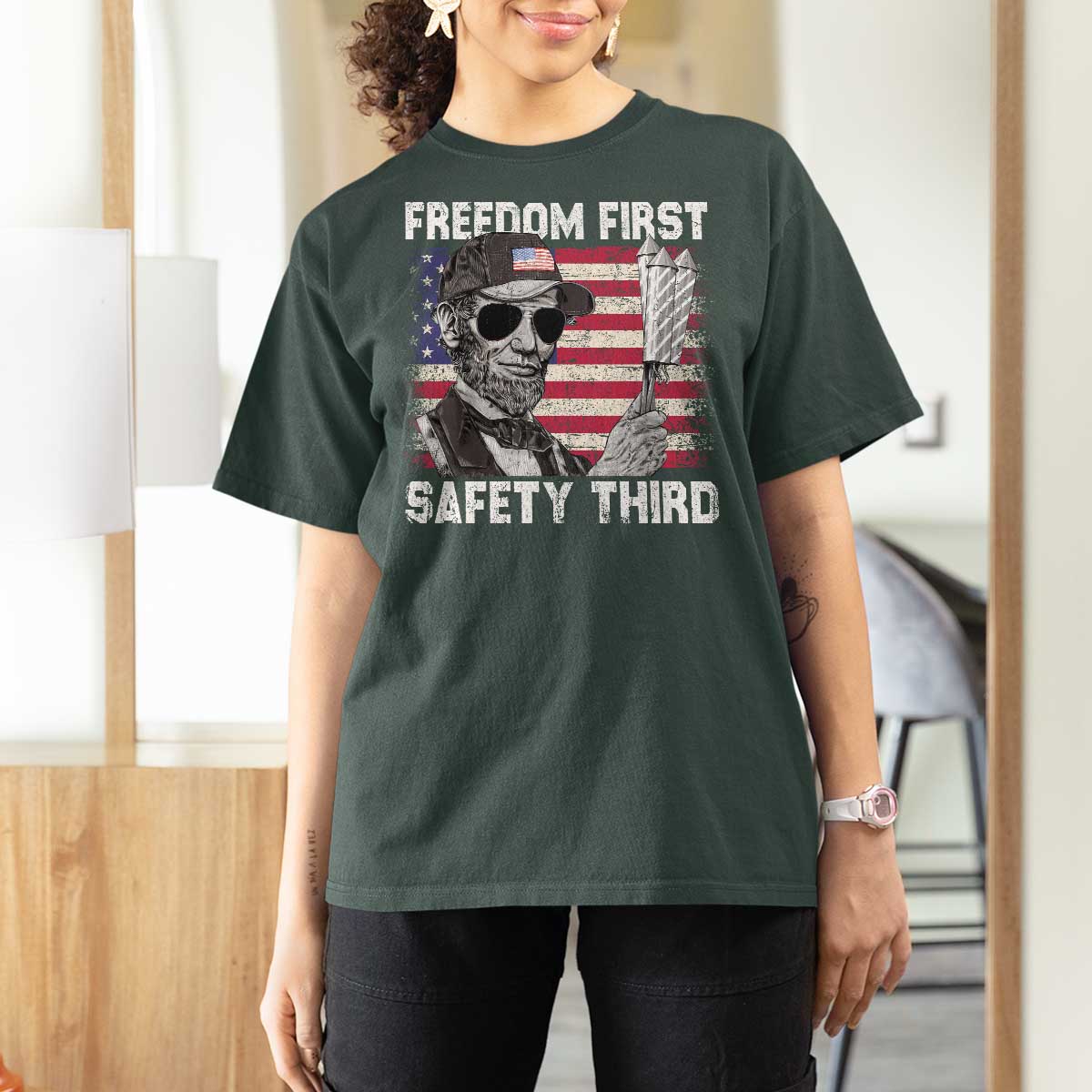 Lincoln 4th Of July T Shirt For Women Abe Freedom First Safety Third American Flag - Wonder Print Shop