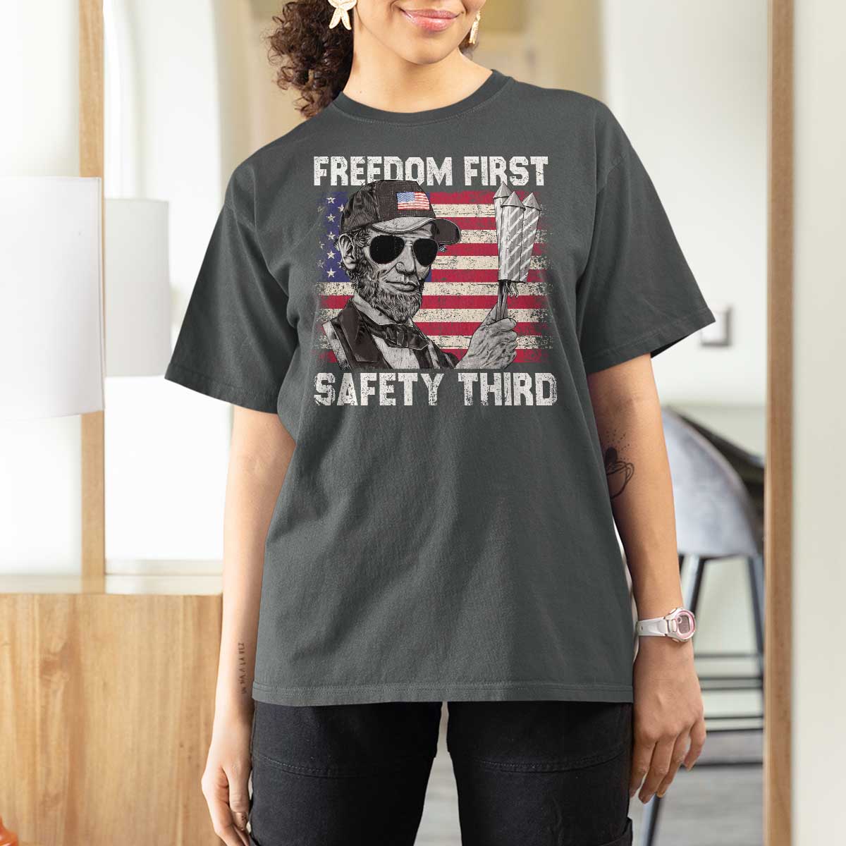 Lincoln 4th Of July T Shirt For Women Abe Freedom First Safety Third American Flag - Wonder Print Shop