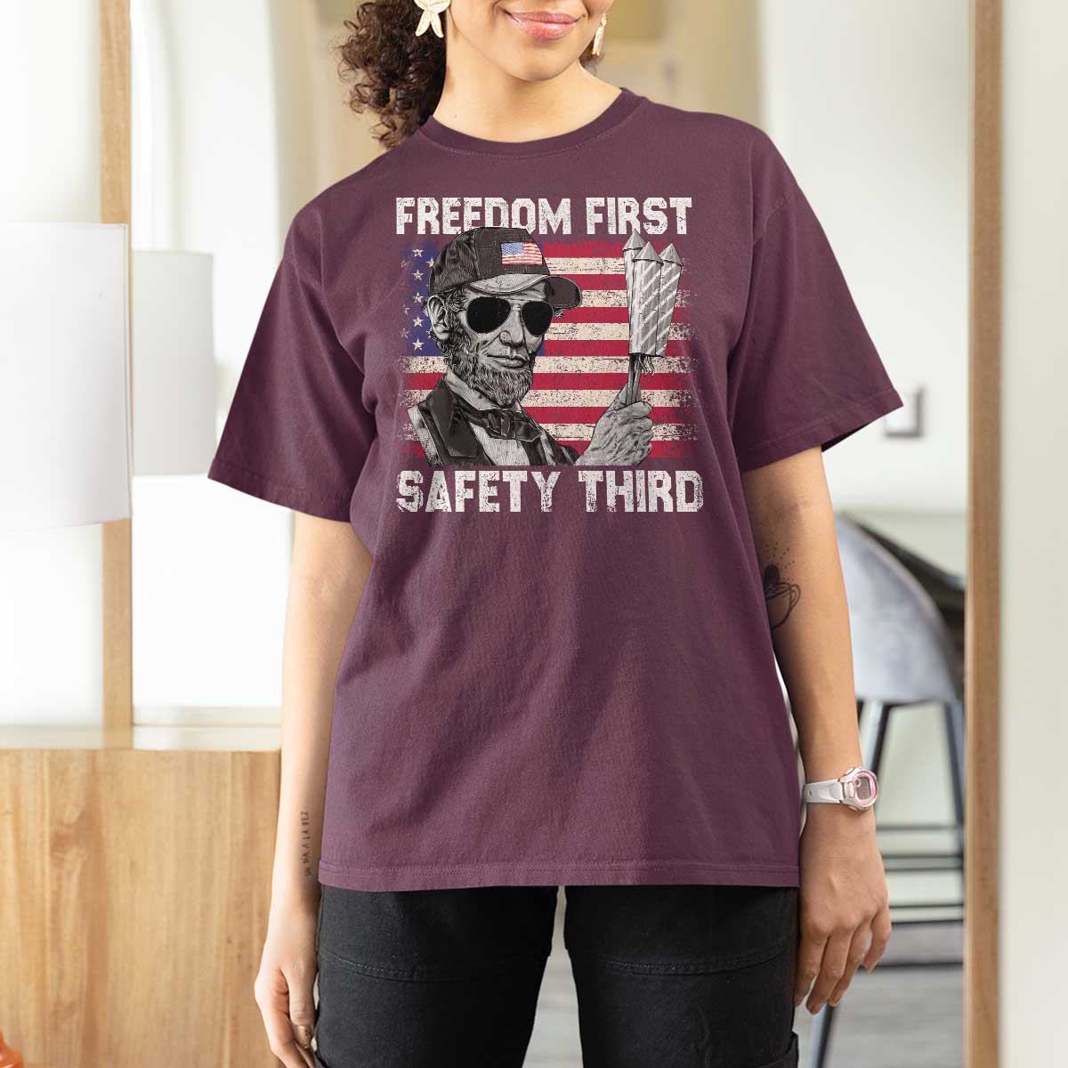 Lincoln 4th Of July T Shirt For Women Abe Freedom First Safety Third American Flag - Wonder Print Shop