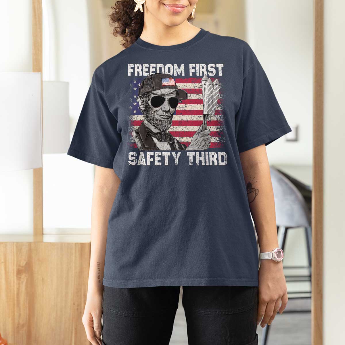 Lincoln 4th Of July T Shirt For Women Abe Freedom First Safety Third American Flag - Wonder Print Shop