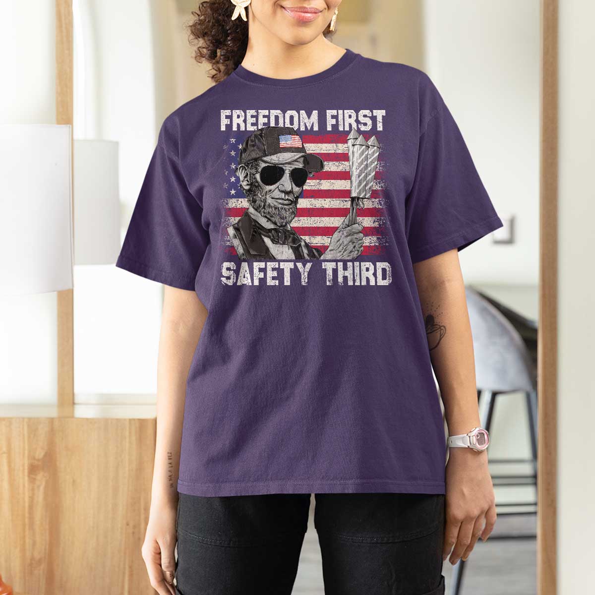 Lincoln 4th Of July T Shirt For Women Abe Freedom First Safety Third American Flag - Wonder Print Shop