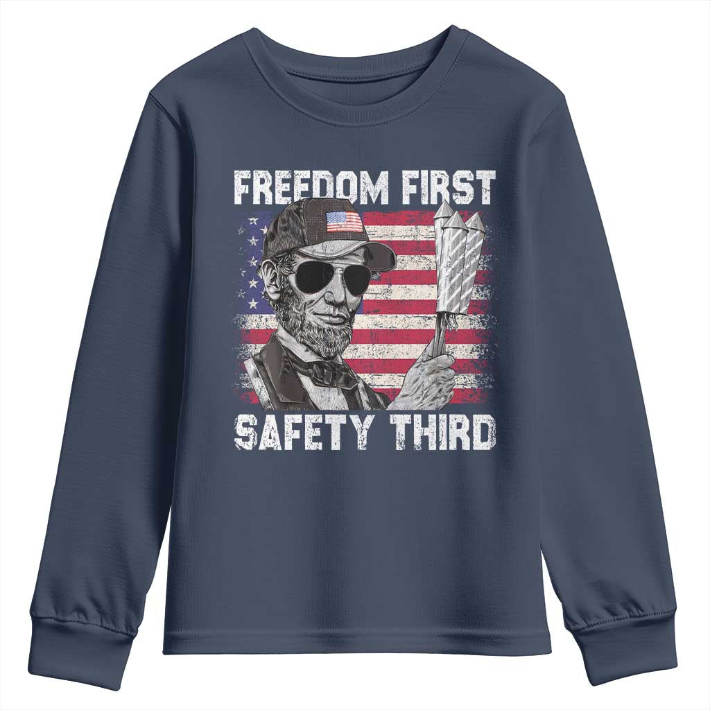 Lincoln 4th Of July Youth Sweatshirt Abe Freedom First Safety Third American Flag - Wonder Print Shop