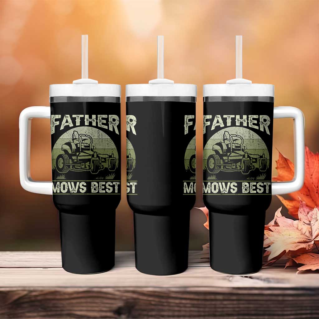 Father Mows Best Tumbler With Handle Lawn Mower Mowing Dad Retro Father's Day Gift