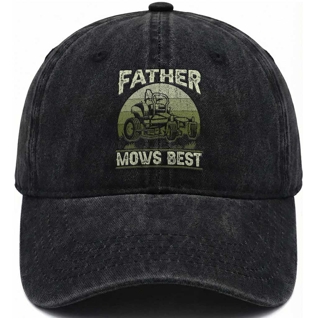 Father Mows Best Washed Cotton Baseball Cap Lawn Mower Mowing Dad Retro Father's Day Gift