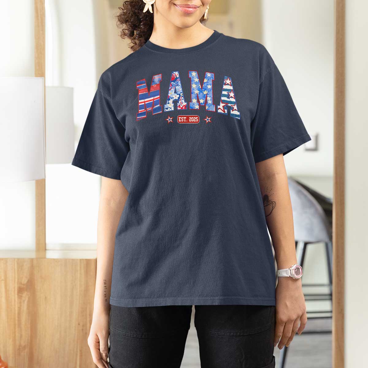 American Mama Est 2025 T Shirt For Women 4th of July Pregnancy Reveal - Wonder Print Shop