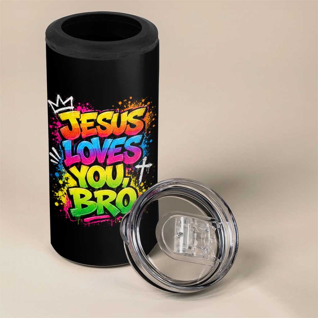 Jesus Loves You Bro Christian Believer Faith 4 in 1 Can Cooler Tumbler Dripping Graffiti Rap God Religious Graphic