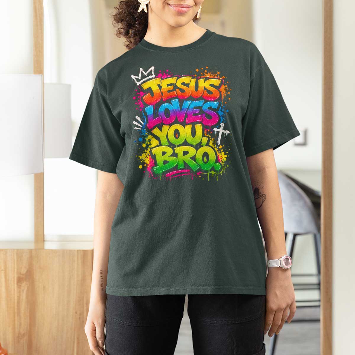 Jesus Loves You Bro Christian Believer Faith T Shirt For Women Dripping Graffiti Rap God Religious Graphic