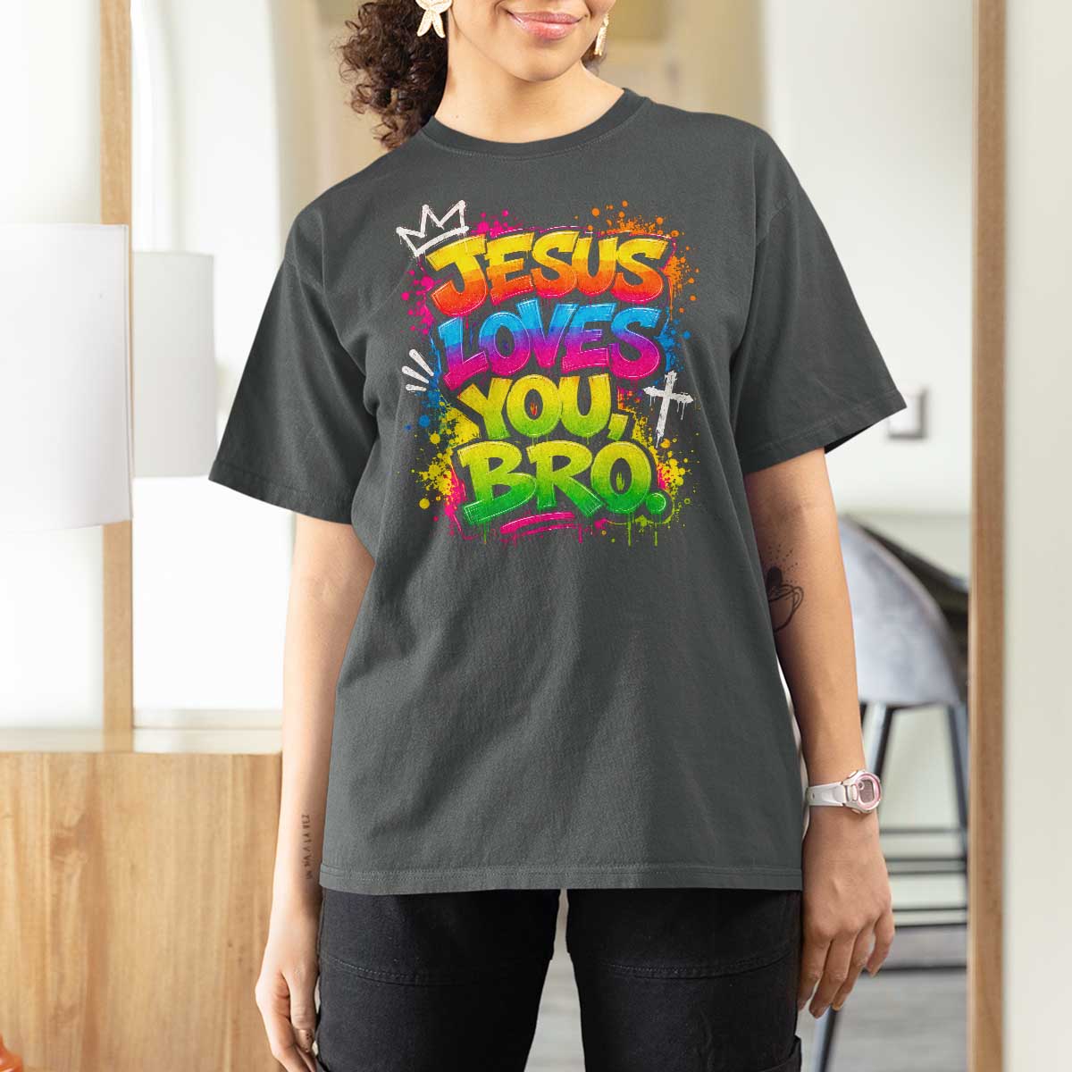 Jesus Loves You Bro Christian Believer Faith T Shirt For Women Dripping Graffiti Rap God Religious Graphic
