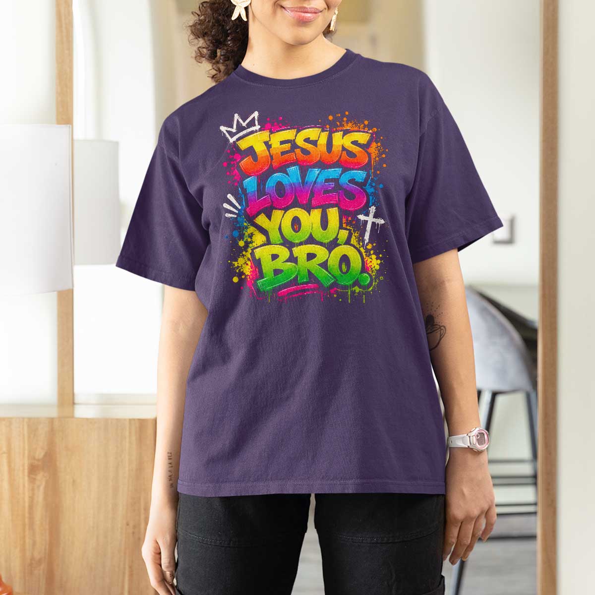 Jesus Loves You Bro Christian Believer Faith T Shirt For Women Dripping Graffiti Rap God Religious Graphic