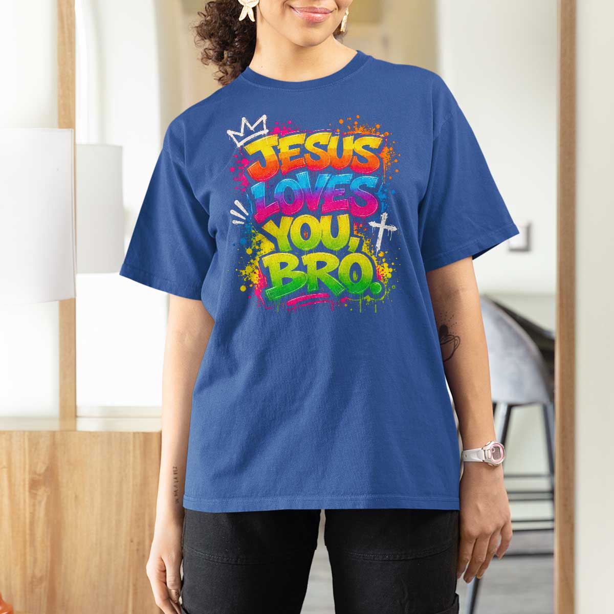 Jesus Loves You Bro Christian Believer Faith T Shirt For Women Dripping Graffiti Rap God Religious Graphic
