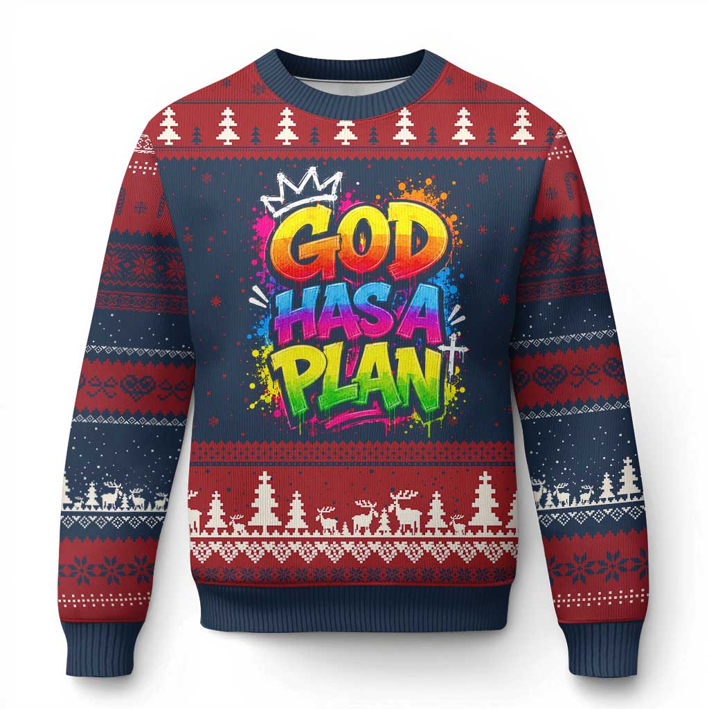 God Has A Plan Ugly Christmas Sweater Graffiti Rap Christian Faith Graphic