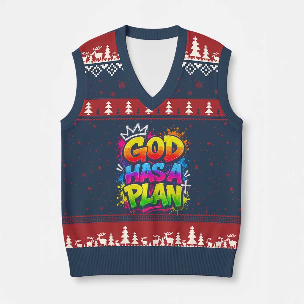 God Has A Plan V-Neck Knit Sweater Vest Graffiti Rap Christian Faith Graphic