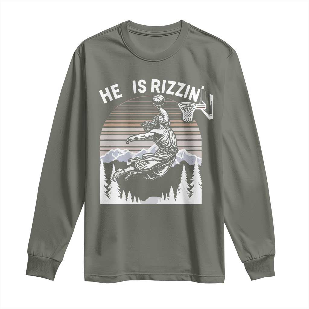 Funny Jesus Basketball Long Sleeve Shirt He Is Rizzin Retro Y2K Playing Basketball