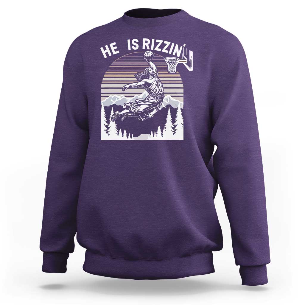 Funny Jesus Basketball Sweatshirt He Is Rizzin Retro Y2K Playing Basketball - Wonder Print Shop