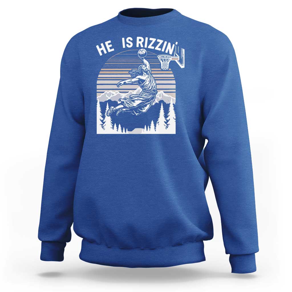 Funny Jesus Basketball Sweatshirt He Is Rizzin Retro Y2K Playing Basketball - Wonder Print Shop