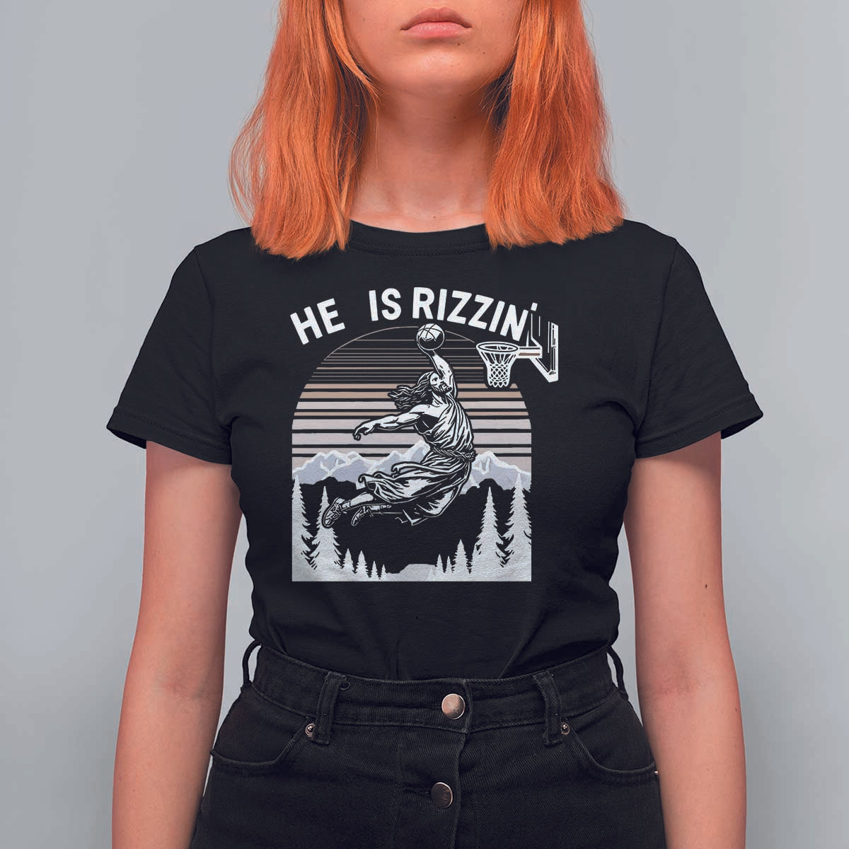 Funny Jesus Basketball T Shirt For Women He Is Rizzin Retro Y2K Playing Basketball - Wonder Print Shop