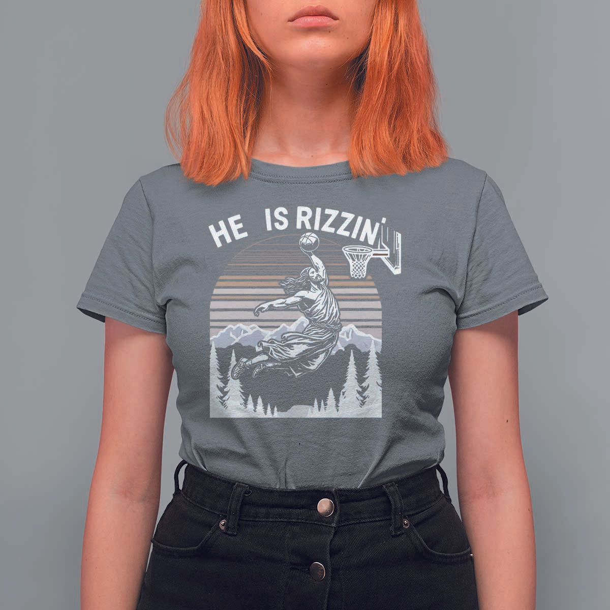 Funny Jesus Basketball T Shirt For Women He Is Rizzin Retro Y2K Playing Basketball - Wonder Print Shop