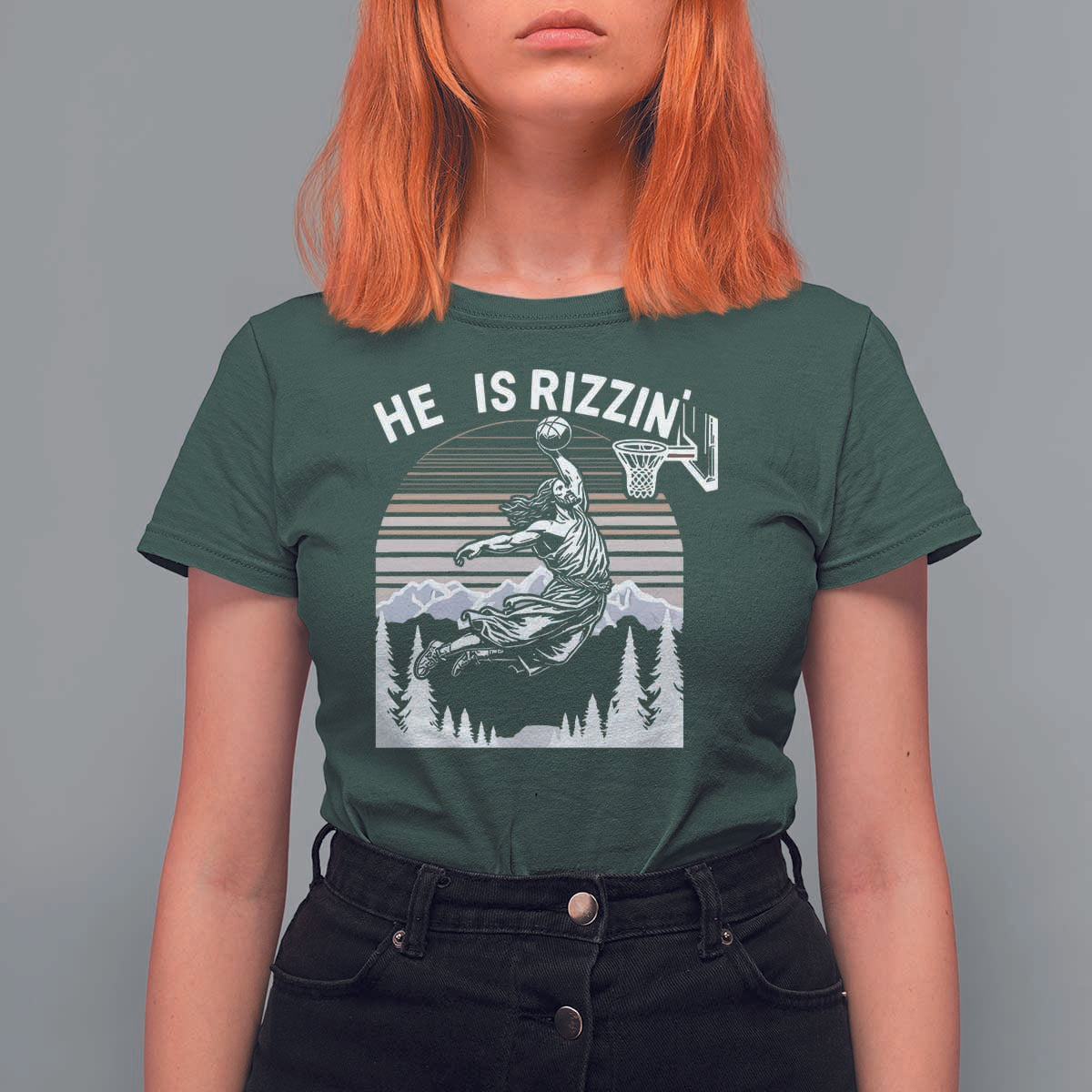 Funny Jesus Basketball T Shirt For Women He Is Rizzin Retro Y2K Playing Basketball - Wonder Print Shop