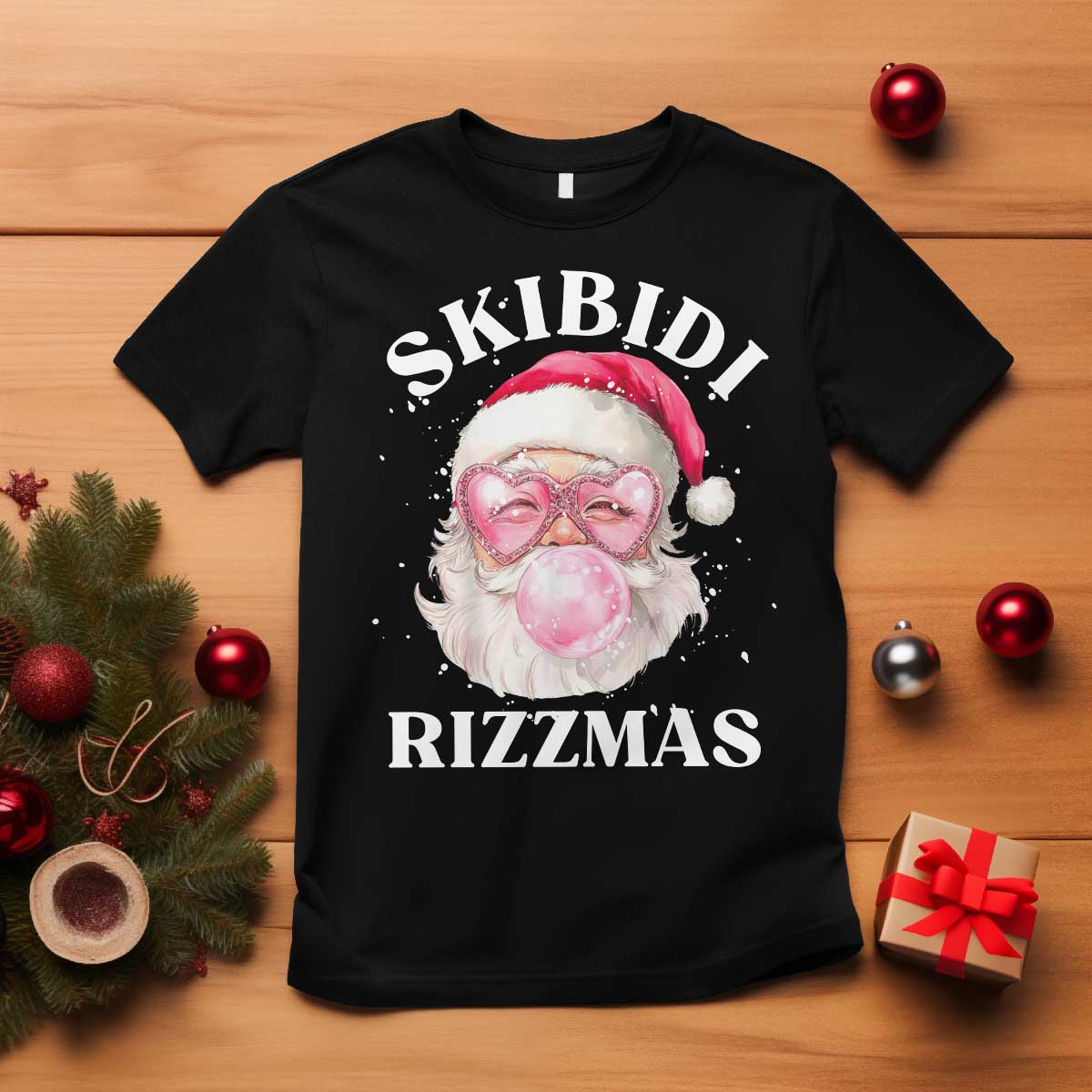 Skibidi Rizzmas Christmas T Shirt Rizz Santa Pink Bubble Gum Funny Xmas Gen Alpha Girl Kids - Wonder Print Shop