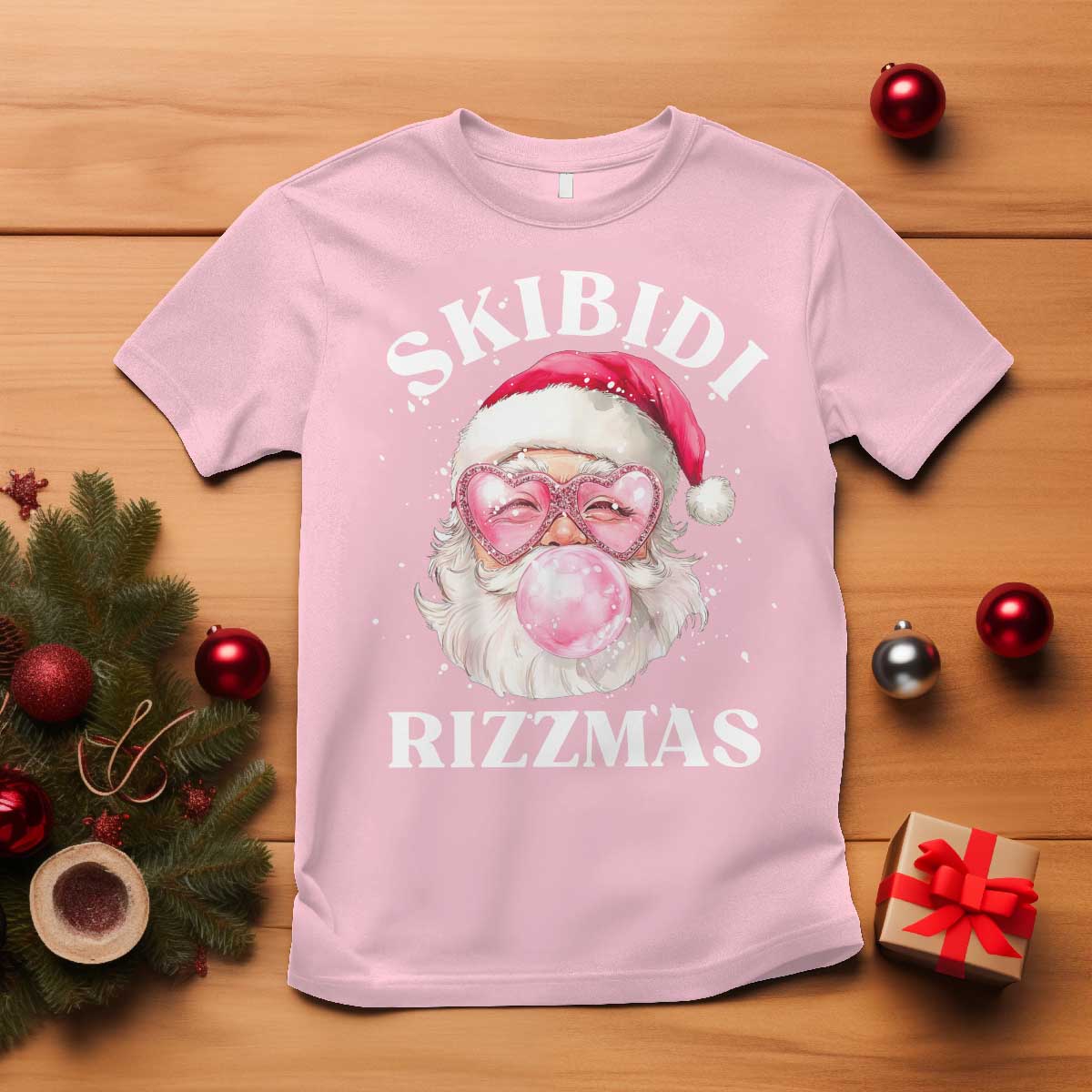 Skibidi Rizzmas Christmas T Shirt Rizz Santa Pink Bubble Gum Funny Xmas Gen Alpha Girl Kids - Wonder Print Shop