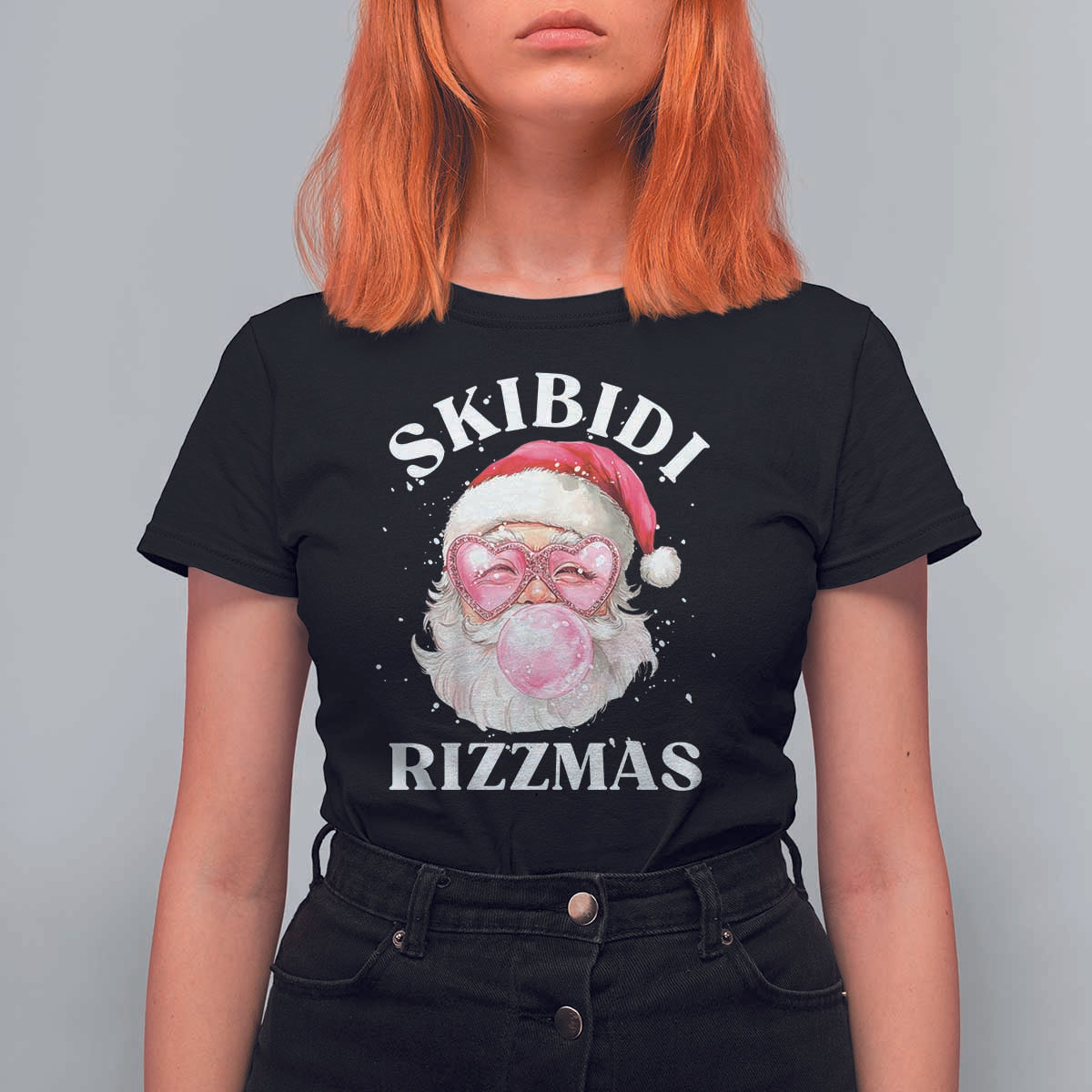 Skibidi Rizzmas Christmas T Shirt For Women Rizz Santa Pink Bubble Gum Funny Xmas Gen Alpha Girl Kids - Wonder Print Shop