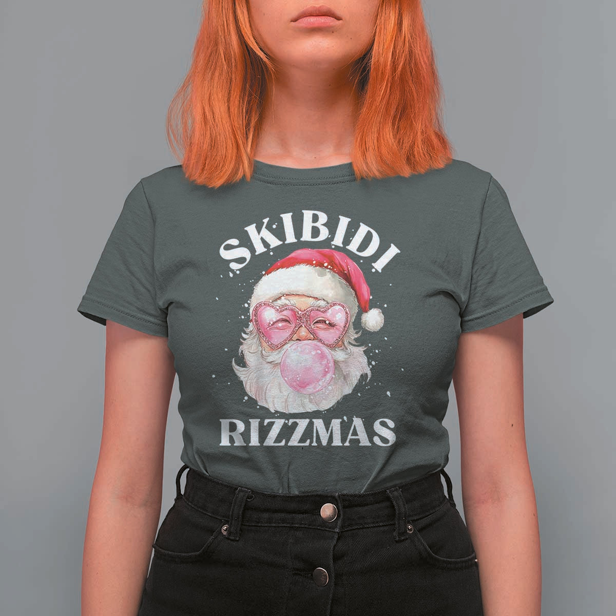 Skibidi Rizzmas Christmas T Shirt For Women Rizz Santa Pink Bubble Gum Funny Xmas Gen Alpha Girl Kids - Wonder Print Shop