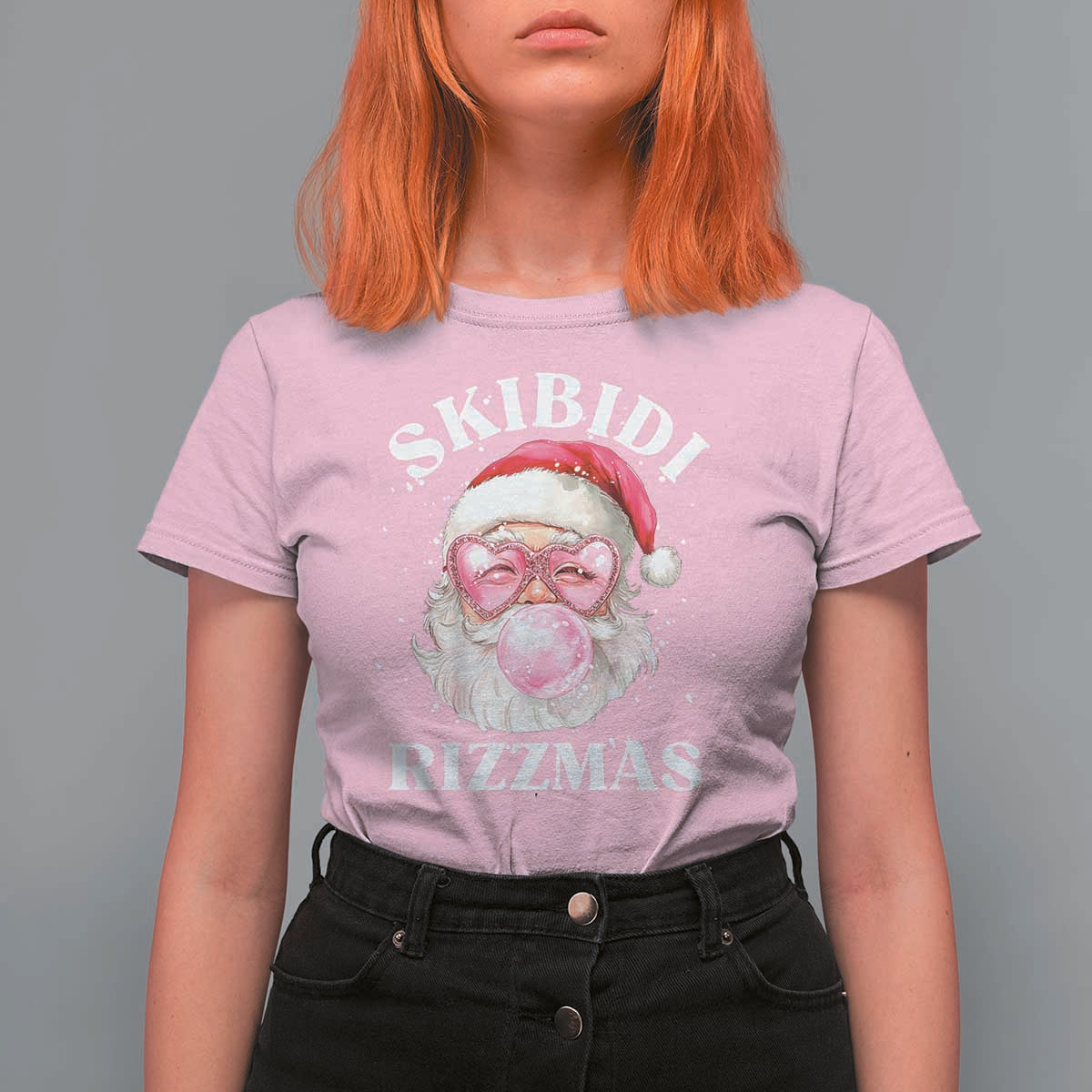 Skibidi Rizzmas Christmas T Shirt For Women Rizz Santa Pink Bubble Gum Funny Xmas Gen Alpha Girl Kids - Wonder Print Shop