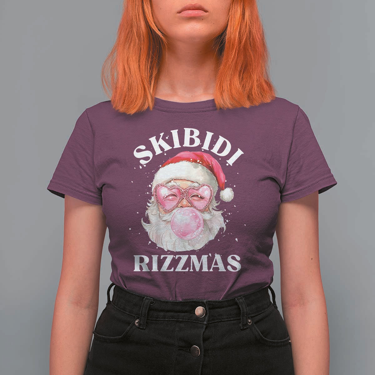 Skibidi Rizzmas Christmas T Shirt For Women Rizz Santa Pink Bubble Gum Funny Xmas Gen Alpha Girl Kids - Wonder Print Shop