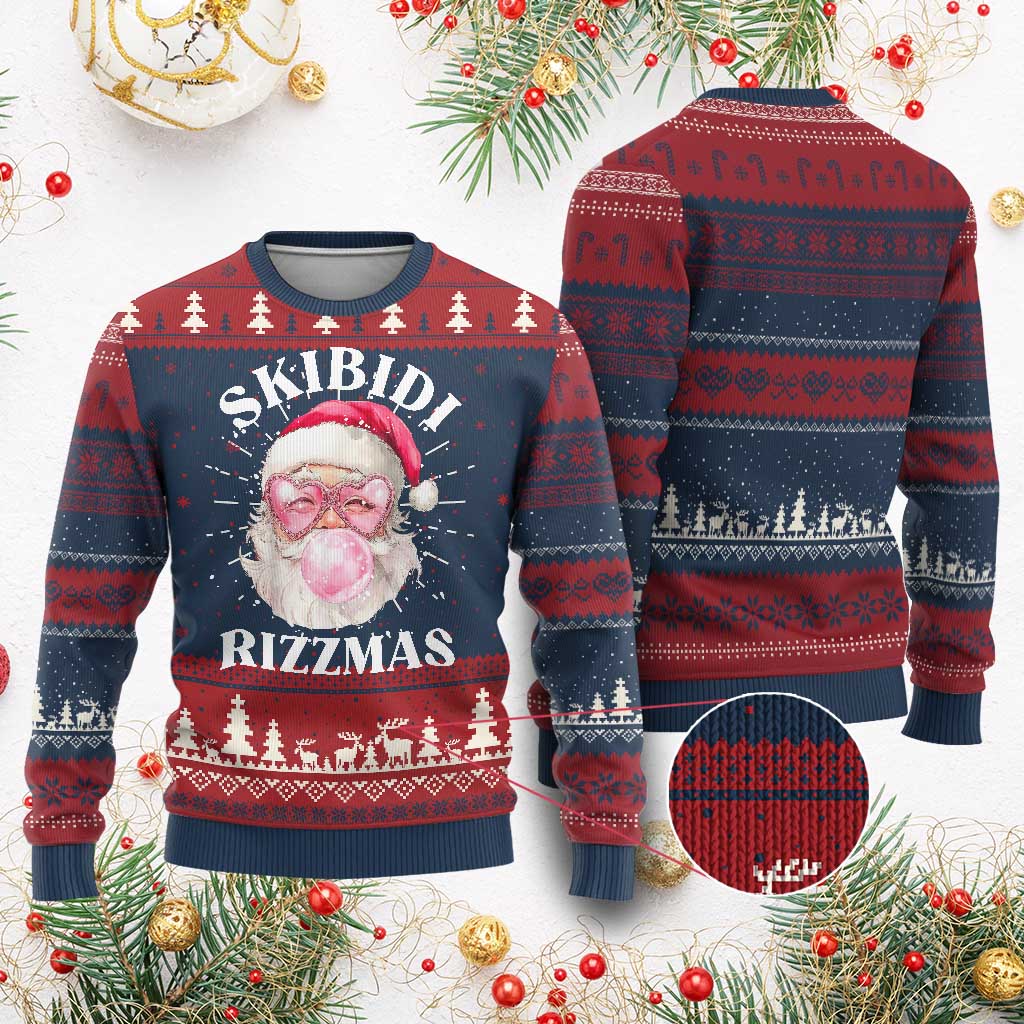 Skibidi Rizzmas Xmas Ugly Christmas Sweater Rizz Santa Pink Bubble Gum Funny Xmas Gen Alpha Girl Kids - Wonder Print Shop