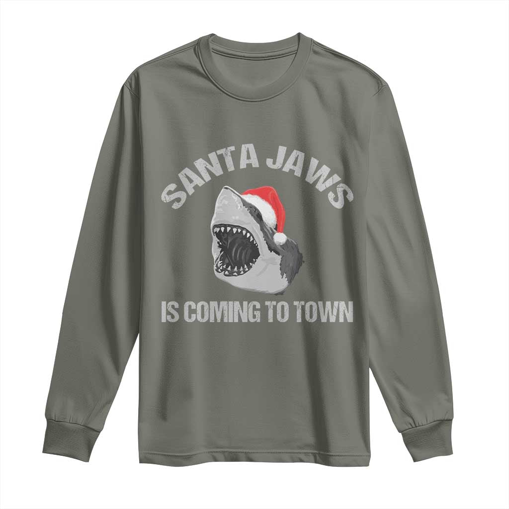 Funny Shark Christmas Long Sleeve Shirt Santa Jaws Is Coming Town