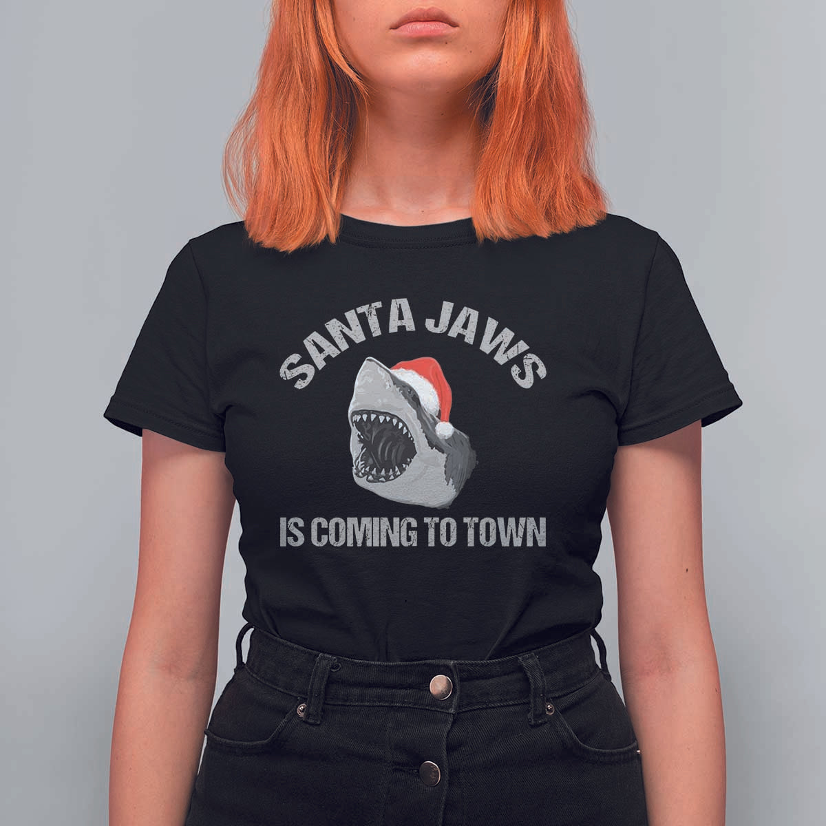 Funny Shark Christmas T Shirt For Women Santa Jaws Is Coming Town - Wonder Print Shop