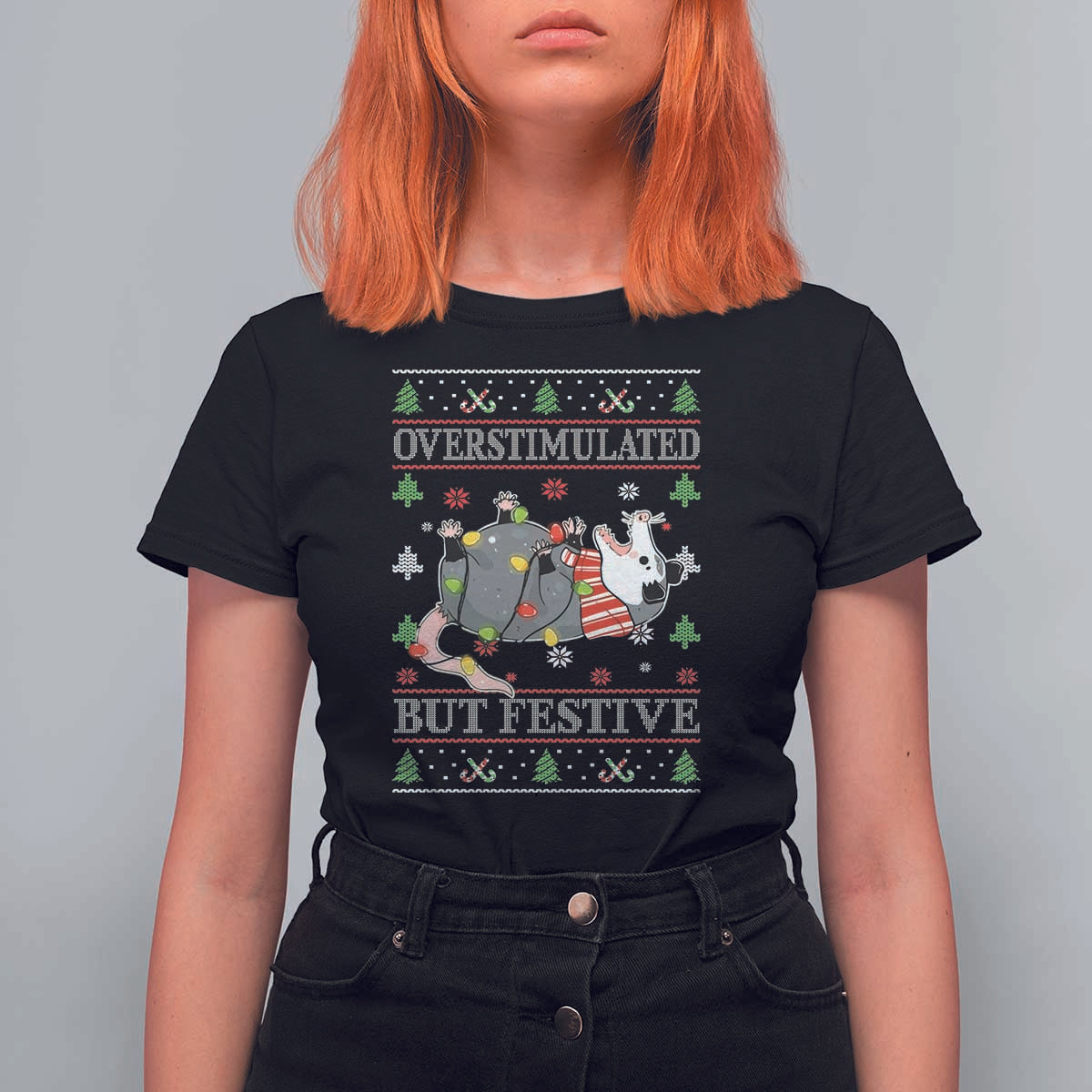 Possum Christmas T Shirt For Women Overstimulated But Festive Ugly Christmas - Wonder Print Shop