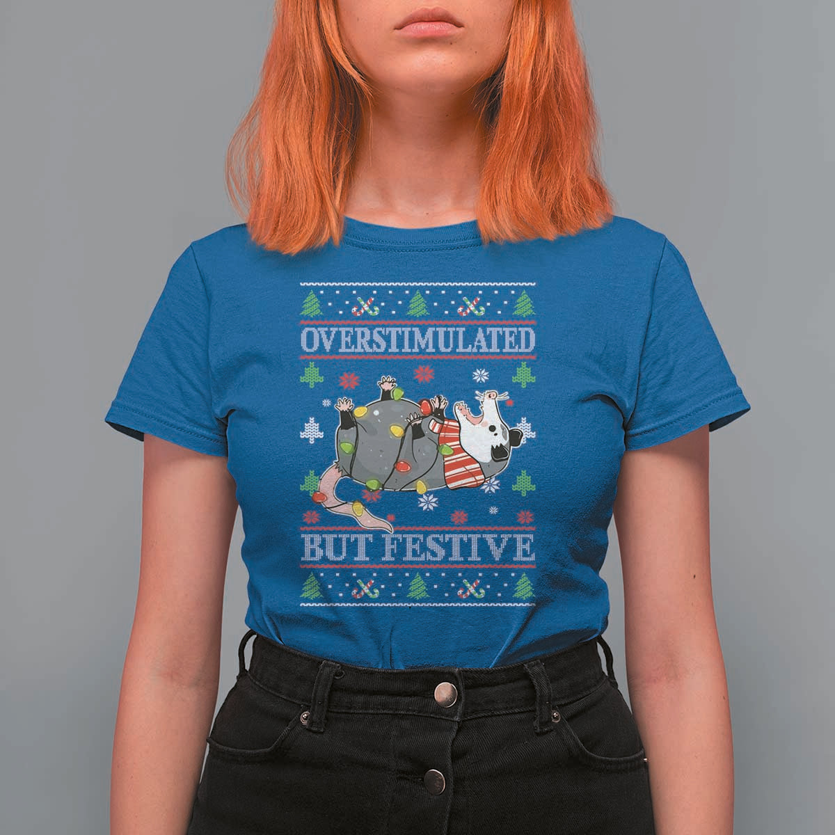 Possum Christmas T Shirt For Women Overstimulated But Festive Ugly Christmas - Wonder Print Shop