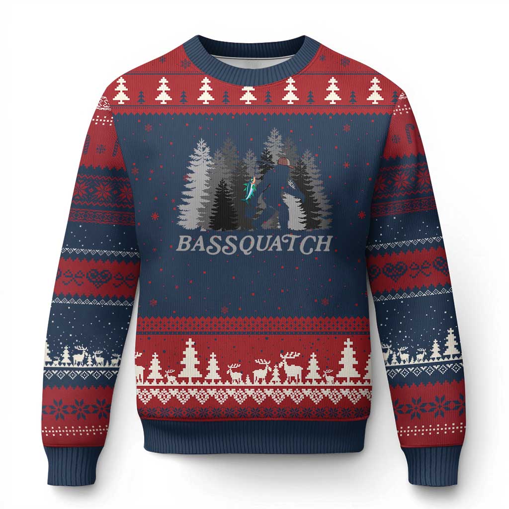 Funny Bigfoot Fishing Ugly Christmas Sweater Bassquatch Sasquatch In The Forest Yeti - Wonder Print Shop