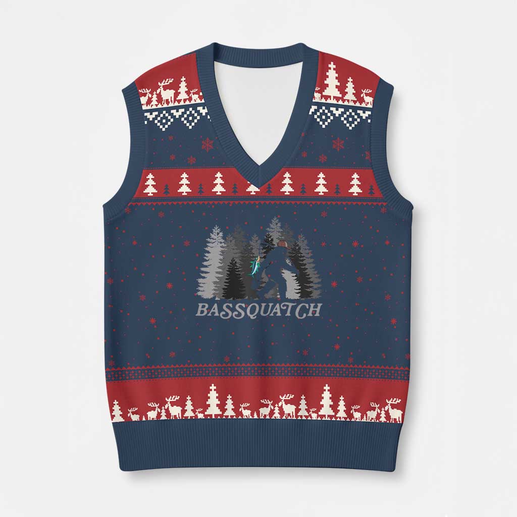 Funny Bigfoot Fishing V-Neck Knit Sweater Vest Bassquatch Sasquatch In The Forest Yeti - Wonder Print Shop