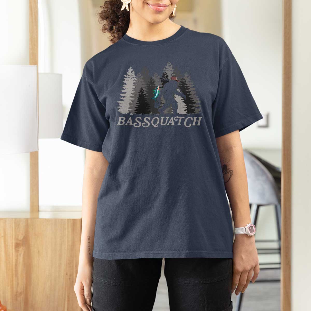 Funny Bigfoot Fishing T Shirt For Women Bassquatch Sasquatch In The Forest Yeti - Wonder Print Shop